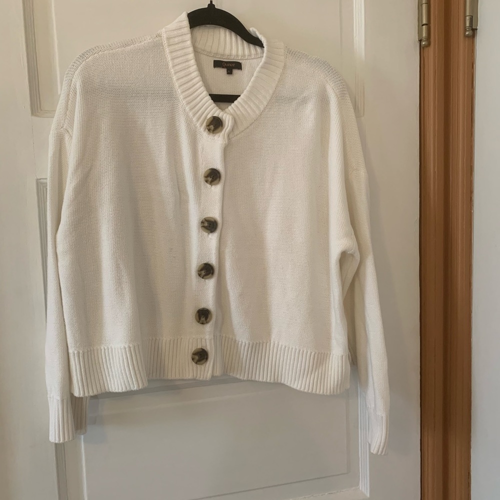 Women's White Button-Up Sweater 100% organic cotton cropped cardigan L